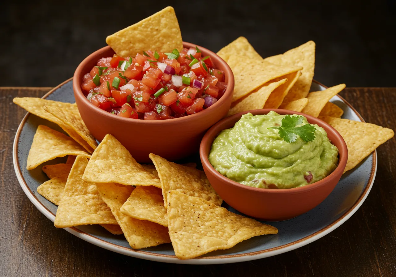 Hand-mashed guacamole and house chipotle salsa with tortilla chips at Frida Camden — authentic Mexican starter Camden Town London
